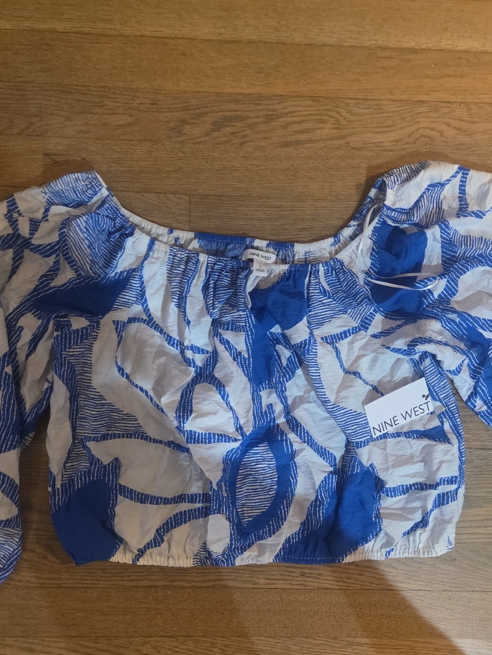 Nine West Blue and White Patterned Off-Shoulder Crop Top
